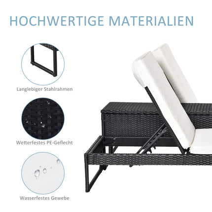 Adjustable sun lounger set: 3-piece, rattan & polyester, black/cream