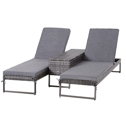 Sun lounger set, 3-piece - adjustable, gray rattan