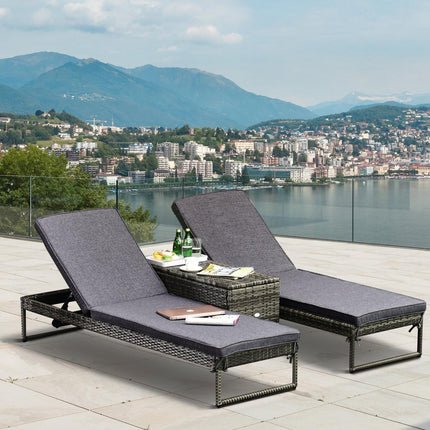 Sun lounger set, 3-piece - adjustable, gray rattan