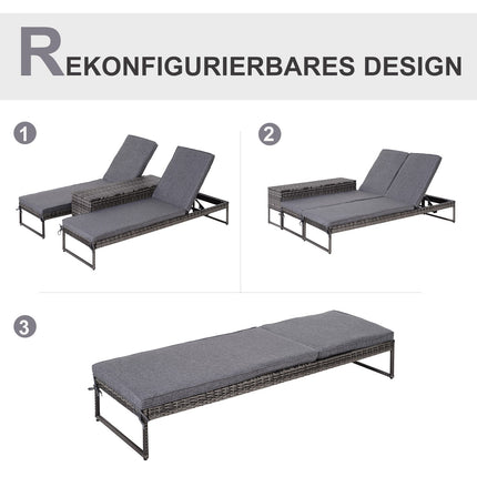 Sun lounger set, 3-piece - adjustable, gray rattan