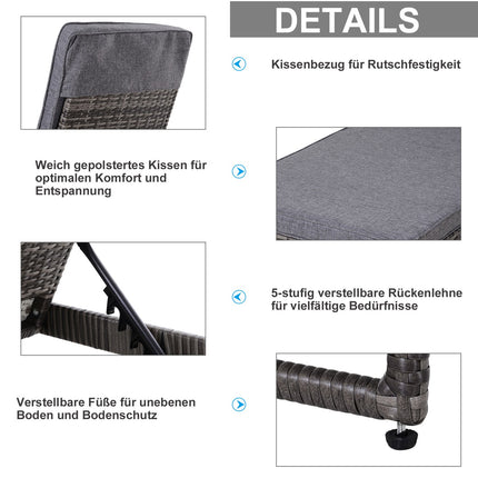 Sun lounger set, 3-piece - adjustable, gray rattan