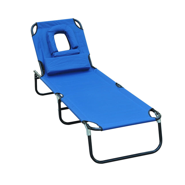 Blue garden sun lounger with face opening for relaxation