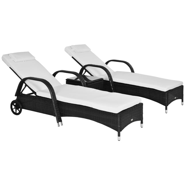 Sun lounger set of 3 - Poly rattan, black & cream garden furniture