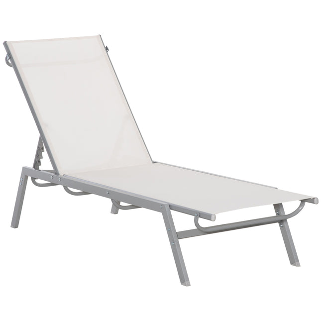 Adjustable sun lounger with cushion, cream white, metal mesh