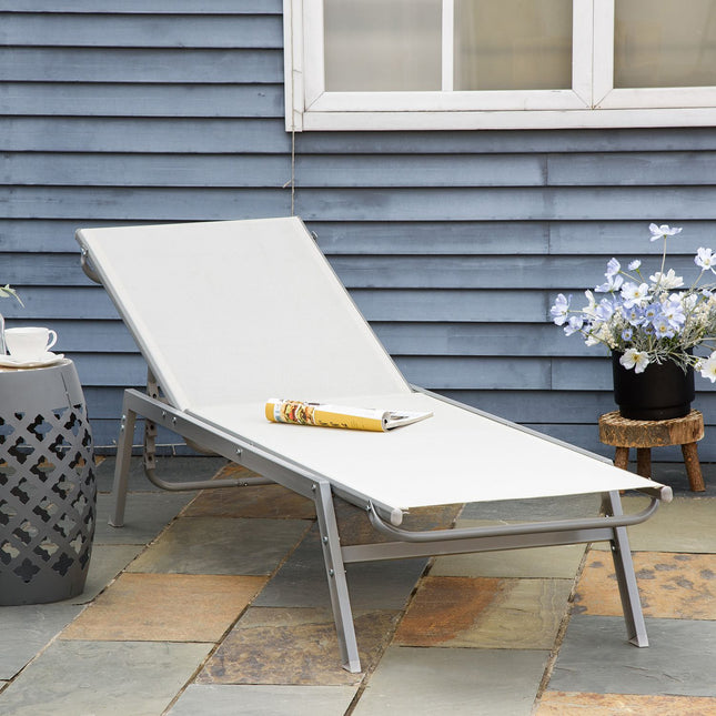 Adjustable sun lounger with cushion, cream white, metal mesh