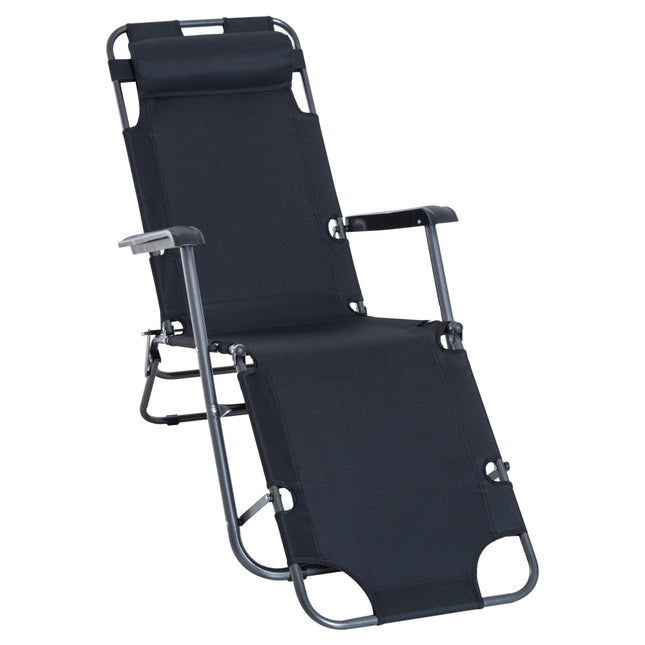 Folding sun lounger with cushion, metal frame, black
