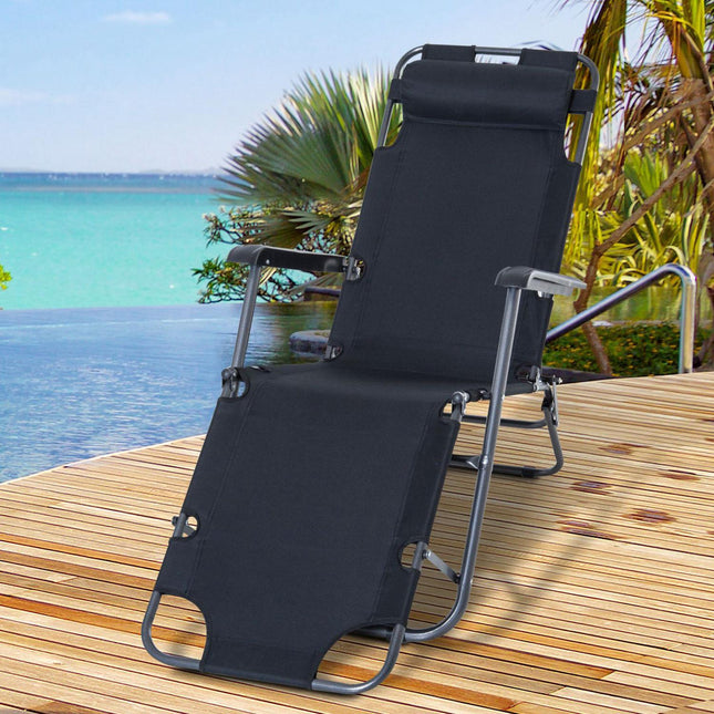 Folding sun lounger with cushion, metal frame, black