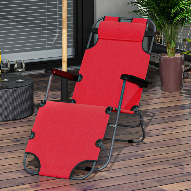 Folding sun lounger with cushion, metal frame, red fabric