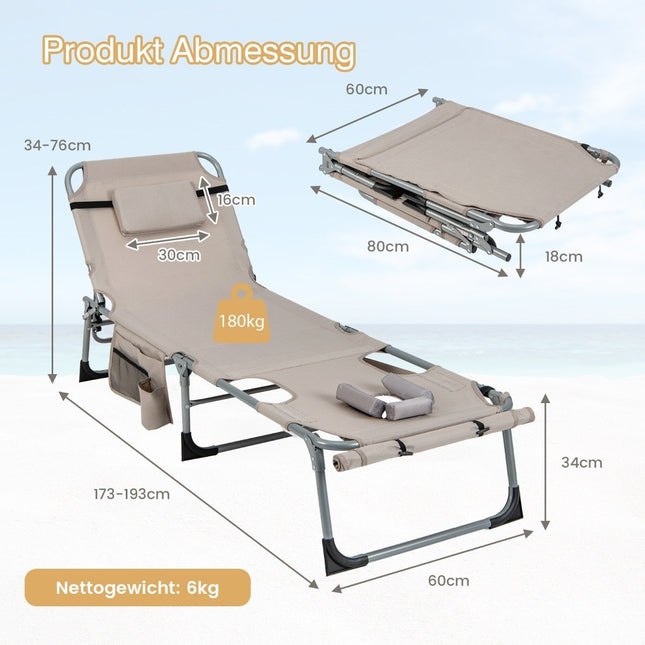 Sun Lounger with Face Opening & Adjustable Backrest & Footrest Foldable Garden Lounger Beige