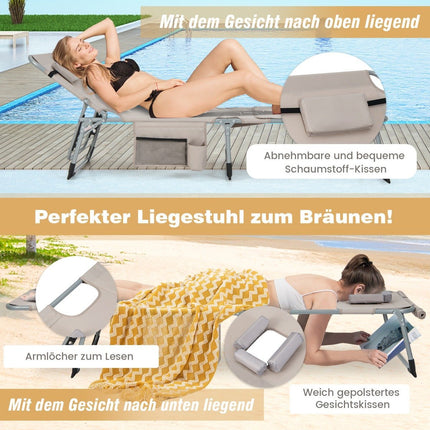 Sun Lounger with Face Opening & Adjustable Backrest & Footrest Foldable Garden Lounger Beige