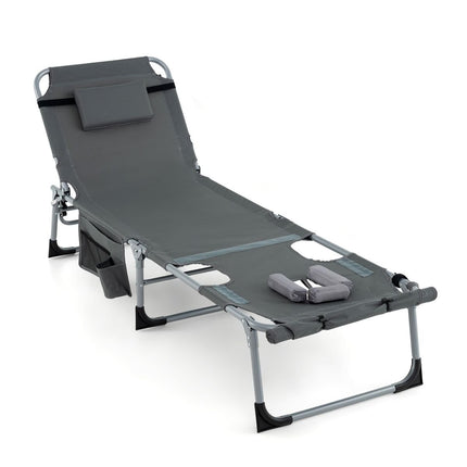Sun Lounger with Face Opening & Adjustable Backrest & Footrest Foldable Garden Lounger Gray