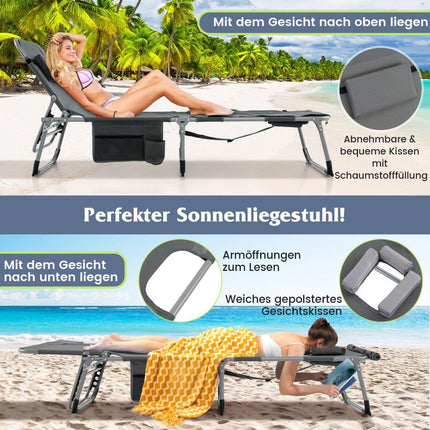 Sun Lounger with Face Opening & Adjustable Backrest & Footrest Foldable Garden Lounger Gray