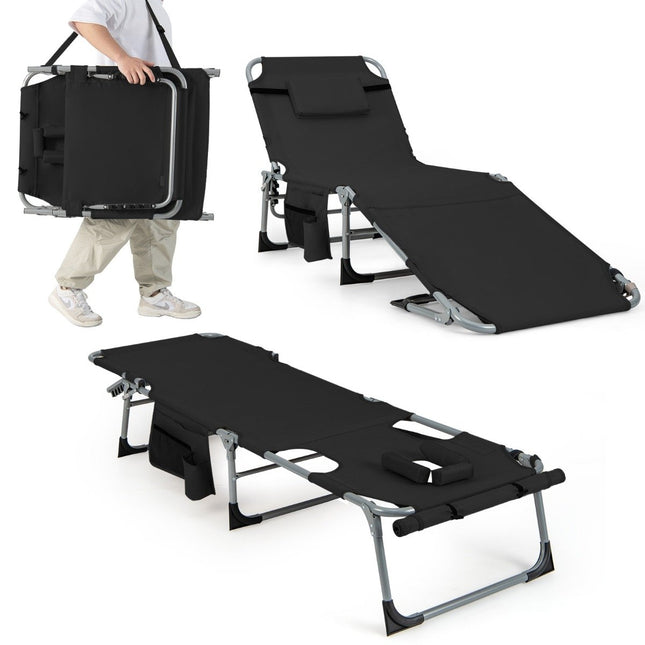 Sun Lounger with Face Opening Foldable Garden Lounger with Adjustable Backrest and Footrest Black