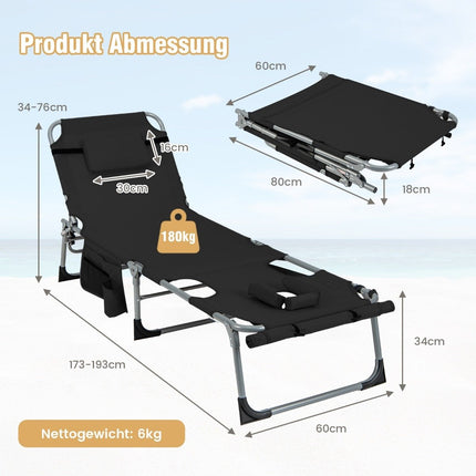 Sun Lounger with Face Opening Foldable Garden Lounger with Adjustable Backrest and Footrest Black