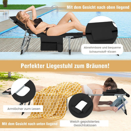 Sun Lounger with Face Opening Foldable Garden Lounger with Adjustable Backrest and Footrest Black