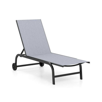Sun Lounger with Wheels and 6-Position Adjustable Backrest, Grey, Flat 180°
