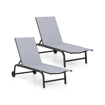 Sun Lounger with Wheels and 6-Position Adjustable Backrest, Grey, Flat 180°