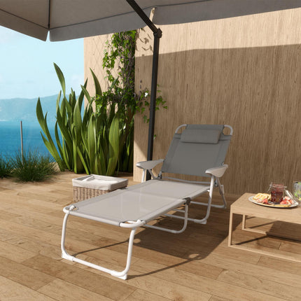 Folding garden sun lounger with adjustable backrest, light grey