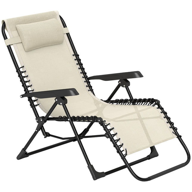 Folding sun lounger with cushion, 5-position back, beige