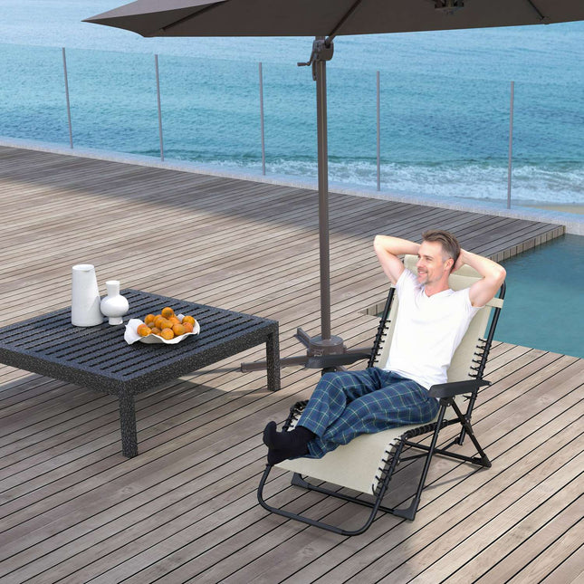 Folding sun lounger with cushion, 5-position back, beige