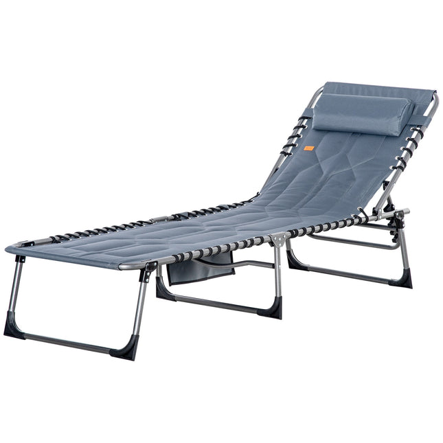 Folding sun lounger with cushion & side pocket, grey