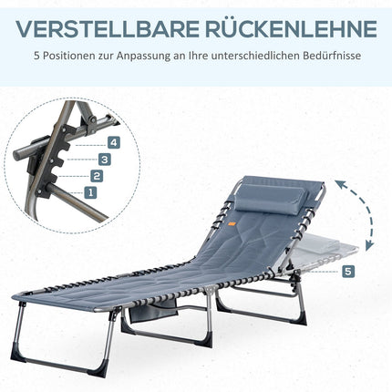 Ligstoel, opklapbare tuinligstoel met kussen, zijvak, ligstoel met 5-voudig verstelbare rugleuning, weerbestendige campingligstoel belastbaar tot 130 kg, voor tuin, strand, zwembad, grijs Aosoom