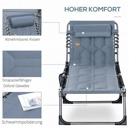 Ligstoel, opklapbare tuinligstoel met kussen, zijvak, ligstoel met 5-voudig verstelbare rugleuning, weerbestendige campingligstoel belastbaar tot 130 kg, voor tuin, strand, zwembad, grijs Aosoom