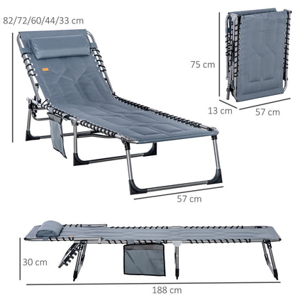 Ligstoel, opklapbare tuinligstoel met kussen, zijvak, ligstoel met 5-voudig verstelbare rugleuning, weerbestendige campingligstoel belastbaar tot 130 kg, voor tuin, strand, zwembad, grijs Aosoom