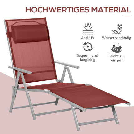 Adjustable sun lounger with cushion, burgundy, 137x63.5x100.5 cm