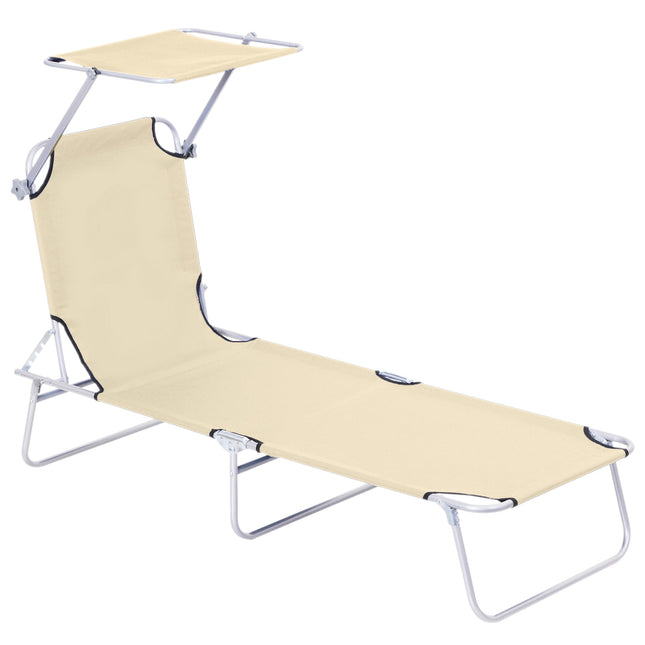 Folding deck chair with sun protection, Beige, 187x58x36 cm