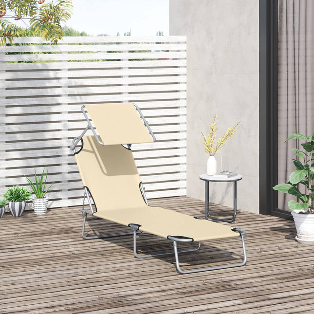 Folding deck chair with sun protection, Beige, 187x58x36 cm