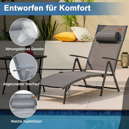 Sun lounger garden lounger with headrest 7 adjustable backrests gray