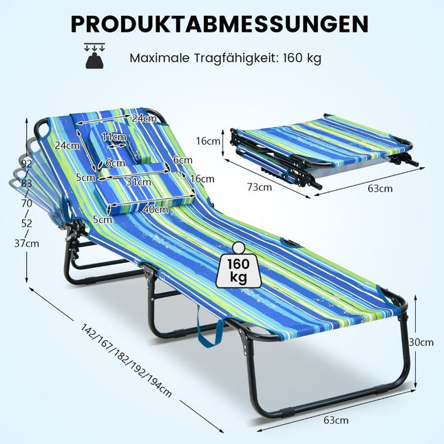 Sun lounger with face opening folding garden lounger with 3 removable cushions blue-green