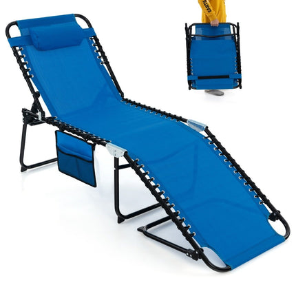 Sun lounger with headrest and side pocket folding garden lounger with adjustable backrest navy blue