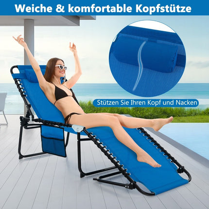 Sun lounger with headrest and side pocket folding garden lounger with adjustable backrest navy blue