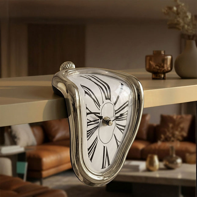 Surrealist Silver Table Clock – Curved Design, Battery-Powered