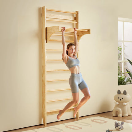Swedish Wall Ladder Stall Bars, 10-Rung Wood, Pull-Up Bar, 220 lb