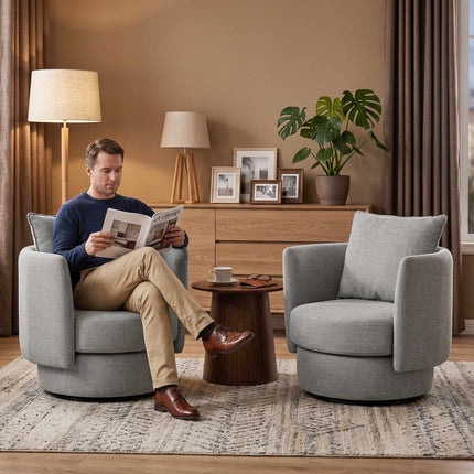 Swivel Accent Chair, 360 Base, Linen-Style, Light Gray