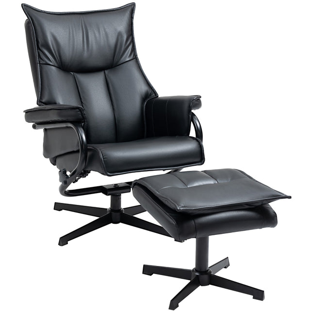 Reclining swivel armchair with stool, artificial leather, black