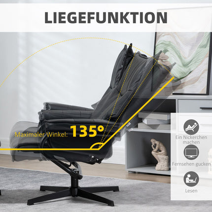 Reclining swivel armchair with stool, artificial leather, black