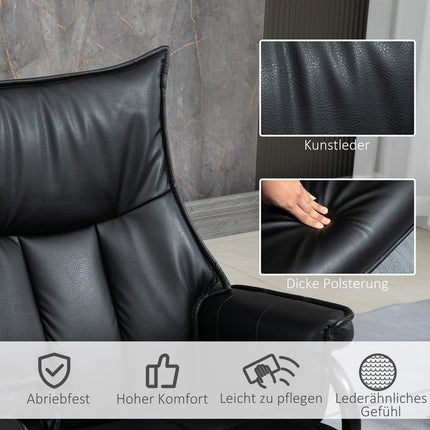 Reclining swivel armchair with stool, artificial leather, black