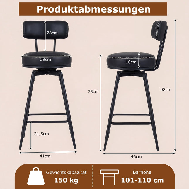 Swivel Bar Stools Set of 2, Black Faux Leather, 360 Rotation