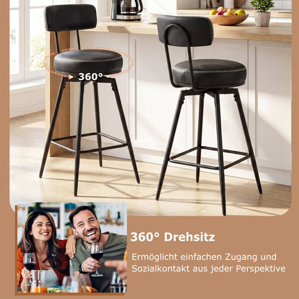 Swivel Bar Stools Set of 2, Black Faux Leather, 360 Rotation
