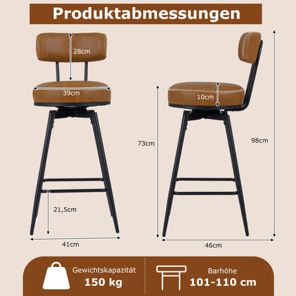 Swivel Bar Stools Set of 2, Faux Leather, Brown, 360 Rotation