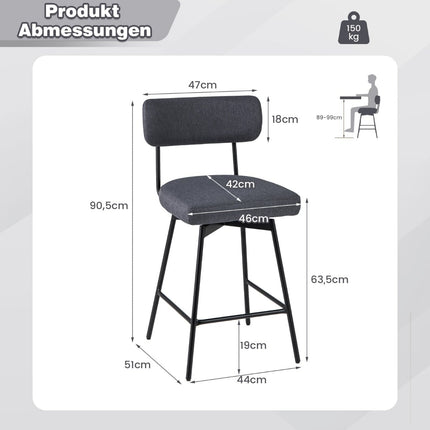 Swivel Bar Stools Set of 2, Padded with Backrest & Footrest, Gray
