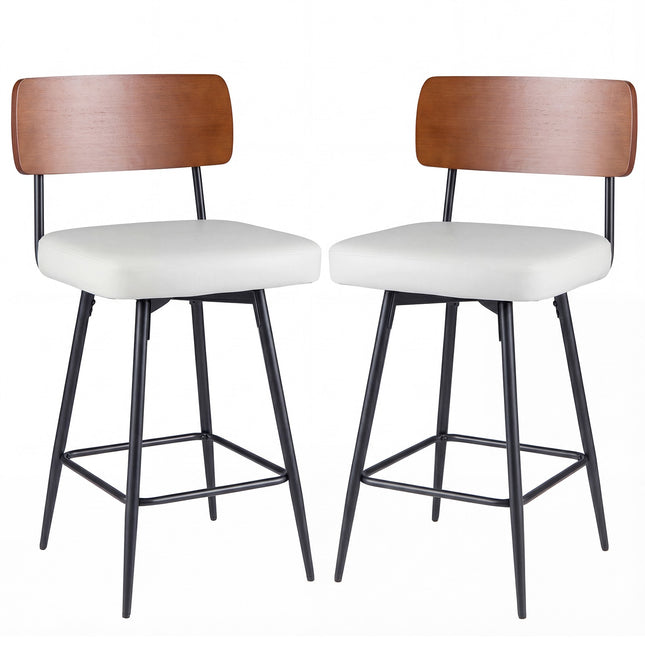 Swivel Bar Stools Set of 2, White Faux Leather, Ergonomic