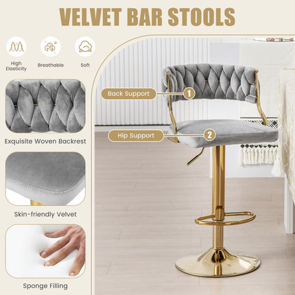 Swivel Bar Stools Set of 2, Woven Back, Gray Gold, 24-32 Inch