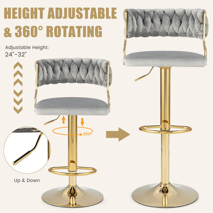 Swivel Bar Stools Set of 2, Woven Back, Gray Gold, 24-32 Inch