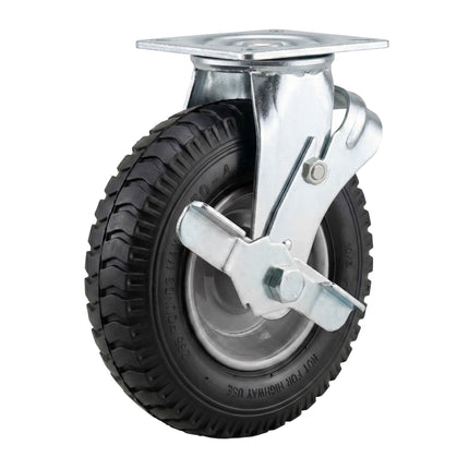 Swivel Castor Wheel w/ Brake, Pneumatic Tyre, Black-Silver