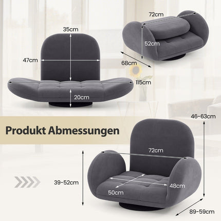 Swivel Floor Chair with Adjustable Backrest & Armrests, Gray
